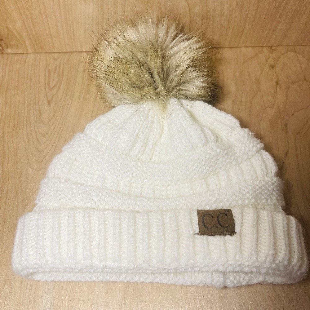 CC Pom Pom Bobble Hat Beanie Cream / Ivory Color Chunky Knit